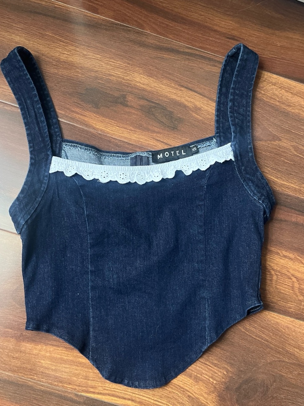 Motel Rocks Denim Corset Crop Top with Lace Trim